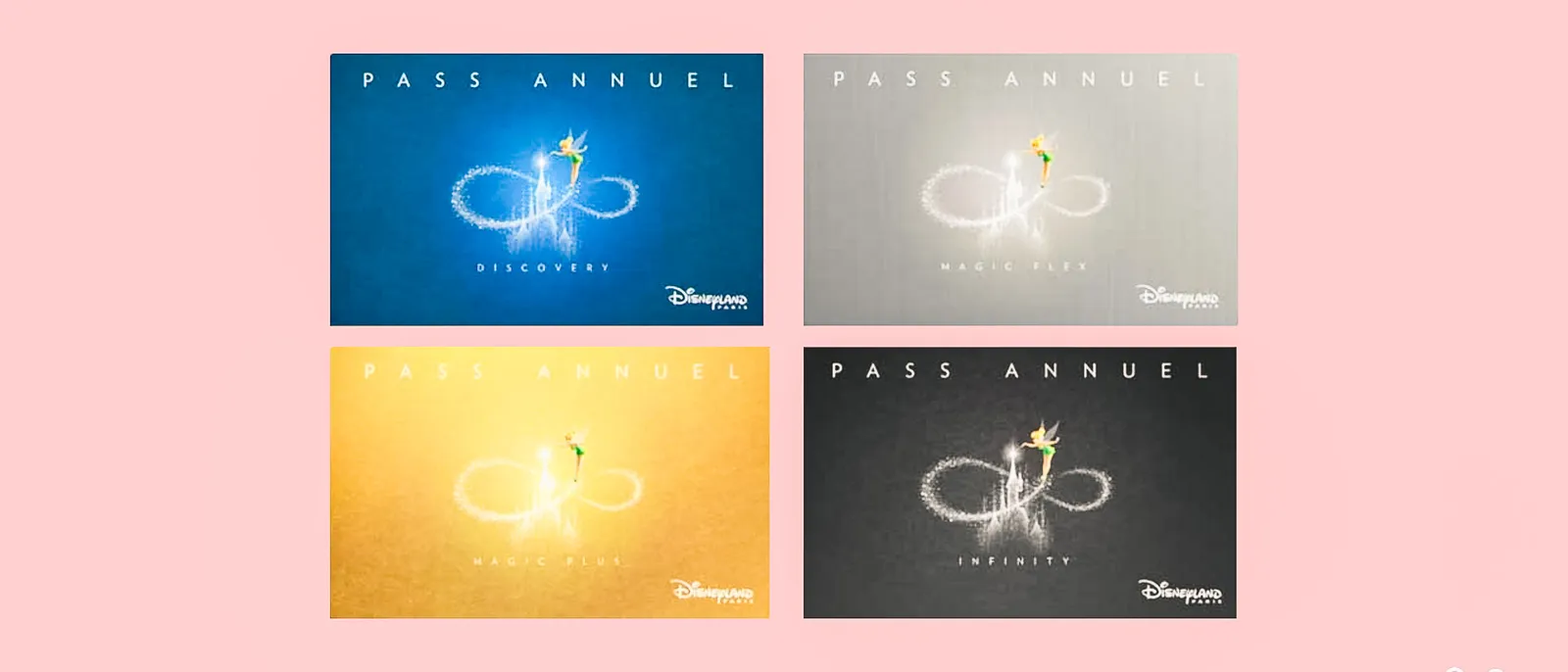 Les quatre visuels des anciens Pass Annuel : Discovery bleu, Magic Flex, Magic Plus doré et Infinity noir.