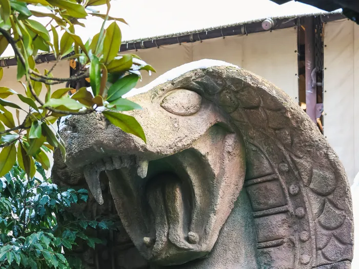 Gros plan sur la tête de cobra sculptée, gueule ouverte, du décor d’Indiana Jones and the Temple of Peril.