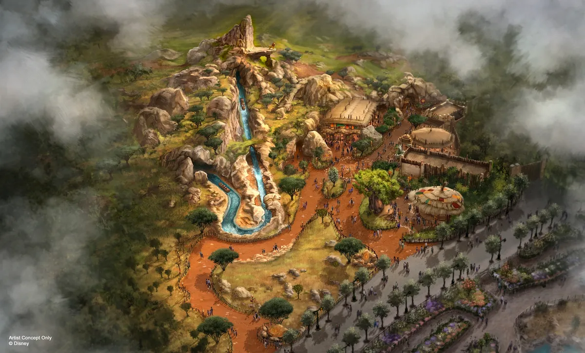 Aerial view of the concept for The Lion King land at Disney Adventure World