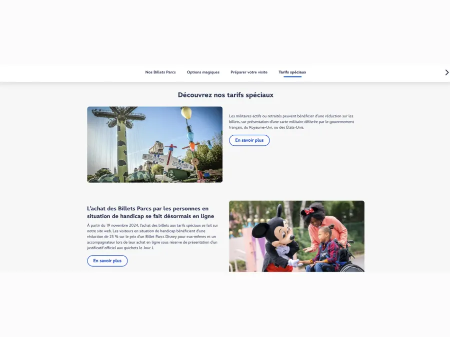 Page des tarifs spéciaux du site officiel Disneyland Paris, avec l’encart réservé aux militaires