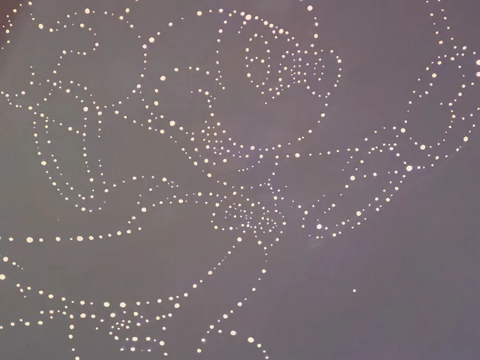Dark ceiling where hundreds of tiny dots of light form Mickey’s silhouette, framed by swirls and two shining stars, at Disneyland Paris.