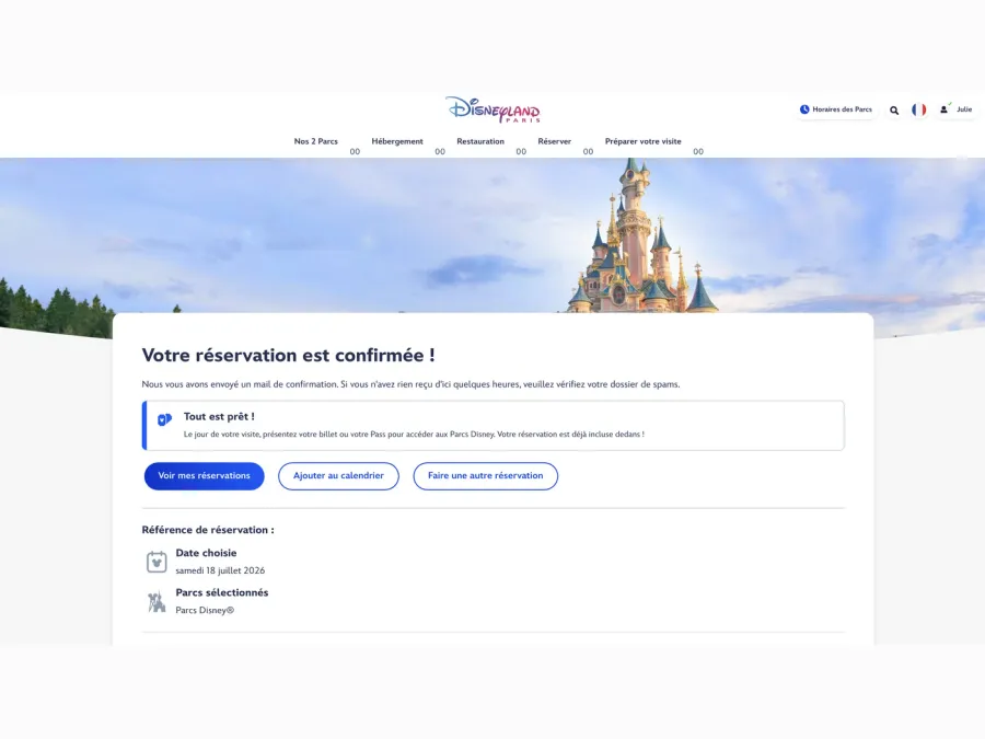 Écran confirmant l’enregistrement d’une date de visite avec le Disneyland Pass