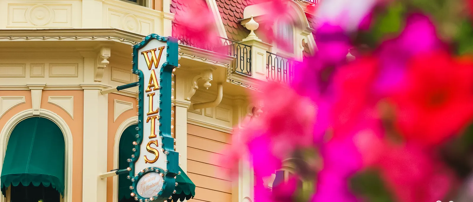 Enseigne verticale lumineuse « Walt’s » sur Main Street, façade victorienne et fleurs roses au premier plan