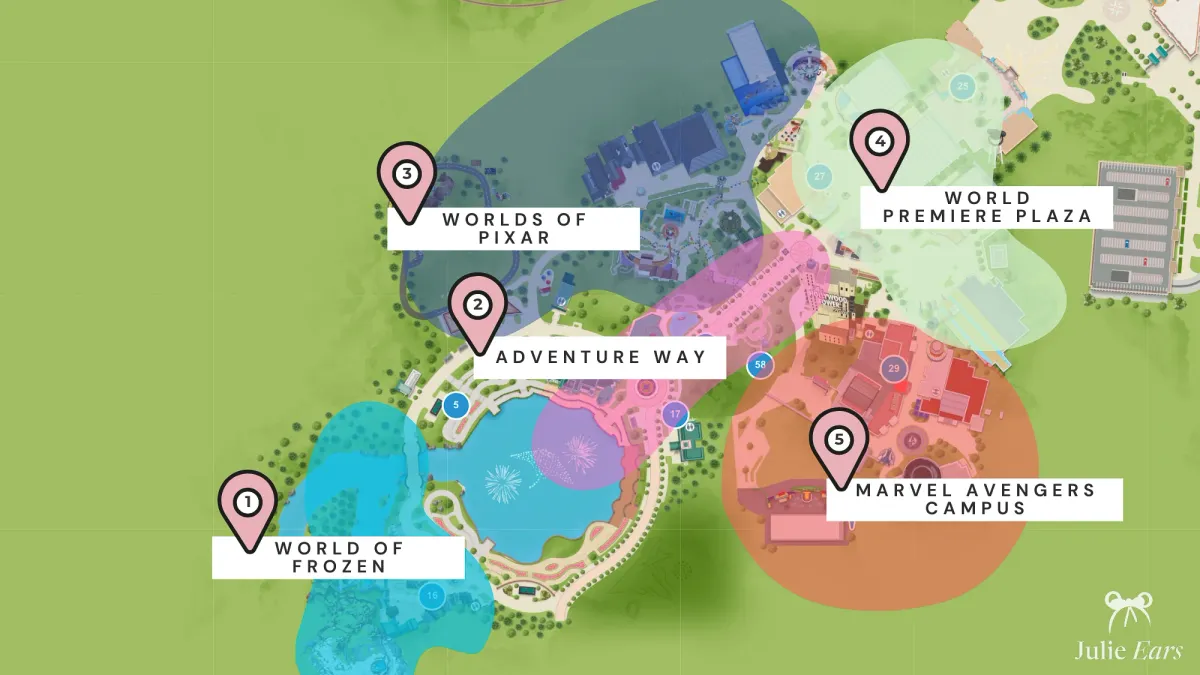 Plan du Parc Disney Adventure World numérotant l’ordre de visite conseillé : 1 World of Frozen, 2 Adventure Way, 3 Worlds of Pixar, 4 World Premiere Plaza, 5 Avengers Campus