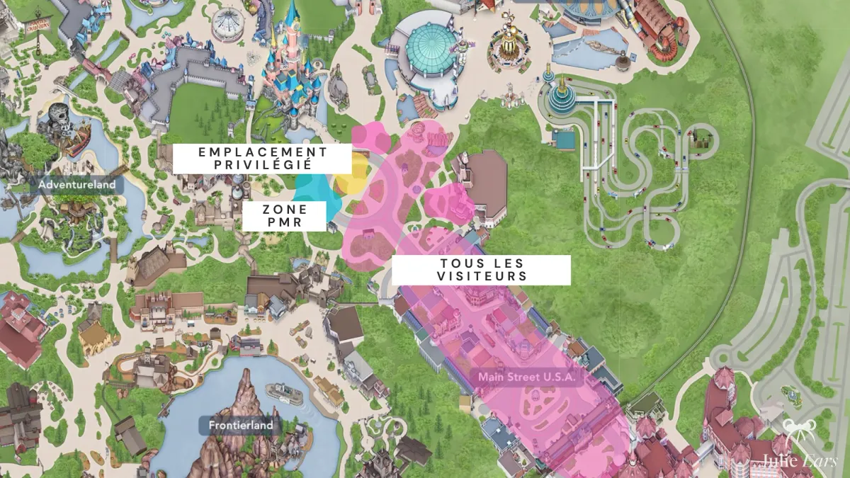 Plan situant, autour de Central Plaza et de Main Street, les zones tous visiteurs, l’emplacement privilégié et la zone PMR du spectacle Disney Tales of Magic