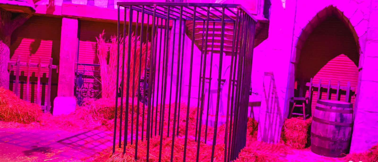 Décor d’Halloween sous lumière rose : grande cage métallique posée sur la paille devant des bâtisses en pierre et des toiles d’araignée