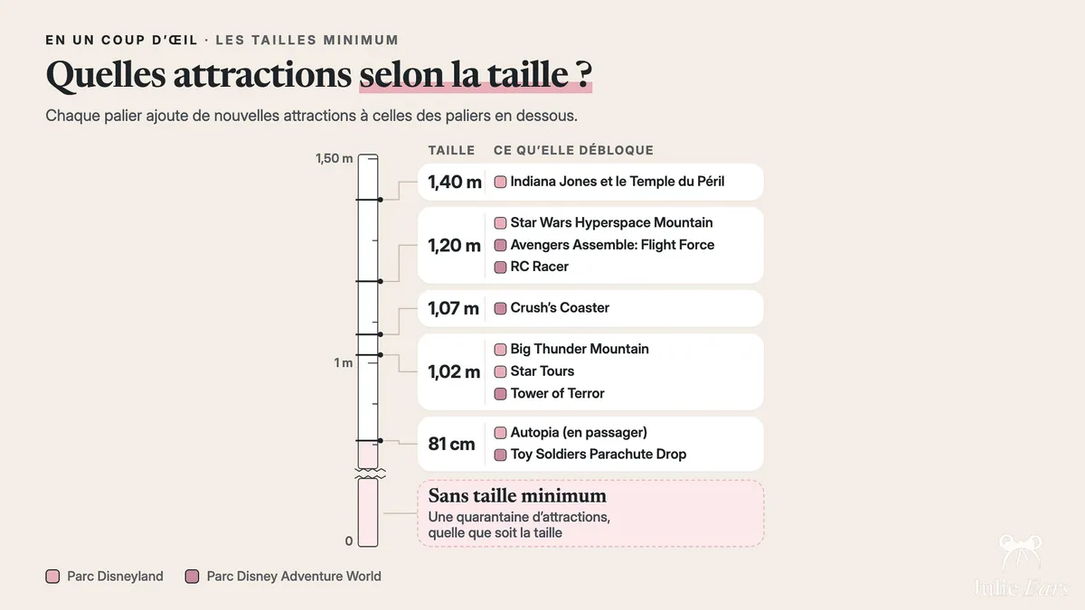 Minimum heights at Disneyland Paris: 81 cm for Autopia (as a passenger) and Toy Soldiers Parachute Drop, 1.02 m for Big Thunder Mountain, Star Tours and The Twilight Zone Tower of Terror, 1.07 m for Crush’s Coaster, 1.20 m for Hyperspace Mountain, Avengers and RC Racer, 1.40 m for Indiana Jones.