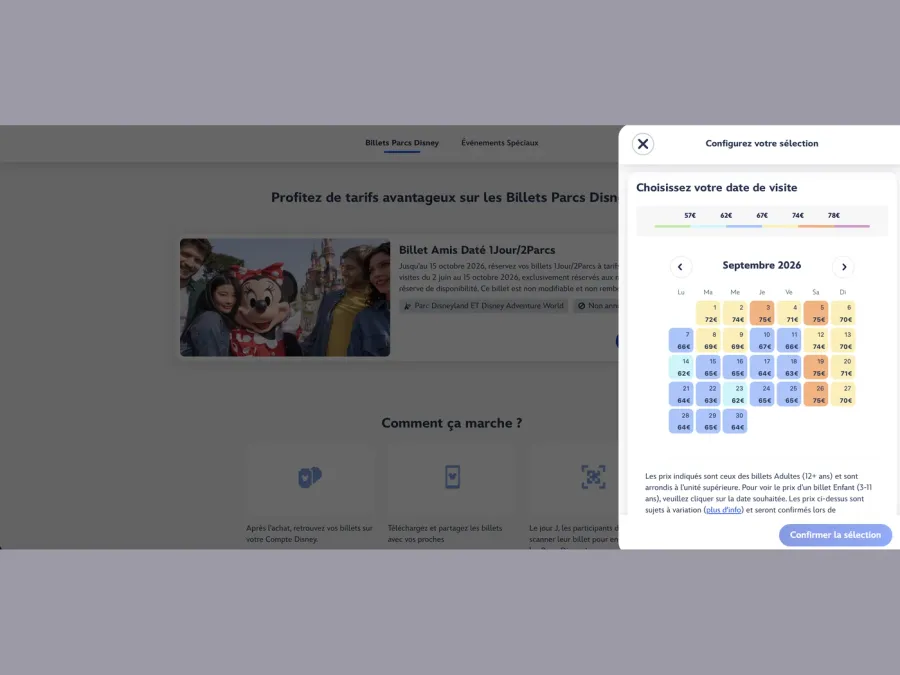 Calendrier des Billets Amis, chaque date affichant son prix avec un code couleur par palier tarifaire