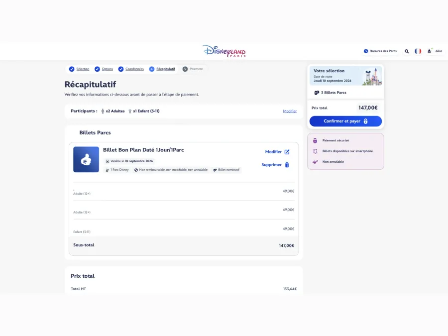 Récapitulatif de la commande de Billet Bon Plan avant de confirmer et payer
