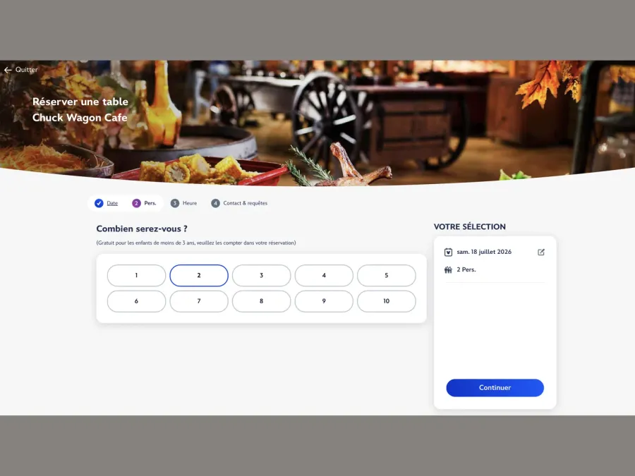 Écran de choix du nombre de personnes pour la réservation de restaurant