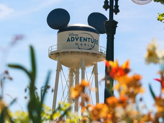 Château d’eau aux oreilles de Mickey portant le logo Disney Adventure World, vu au-dessus de fleurs orangées.