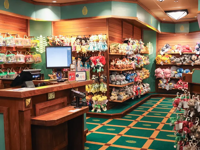 Inside the Northwest Passage shop with its till counter and walls of soft toys