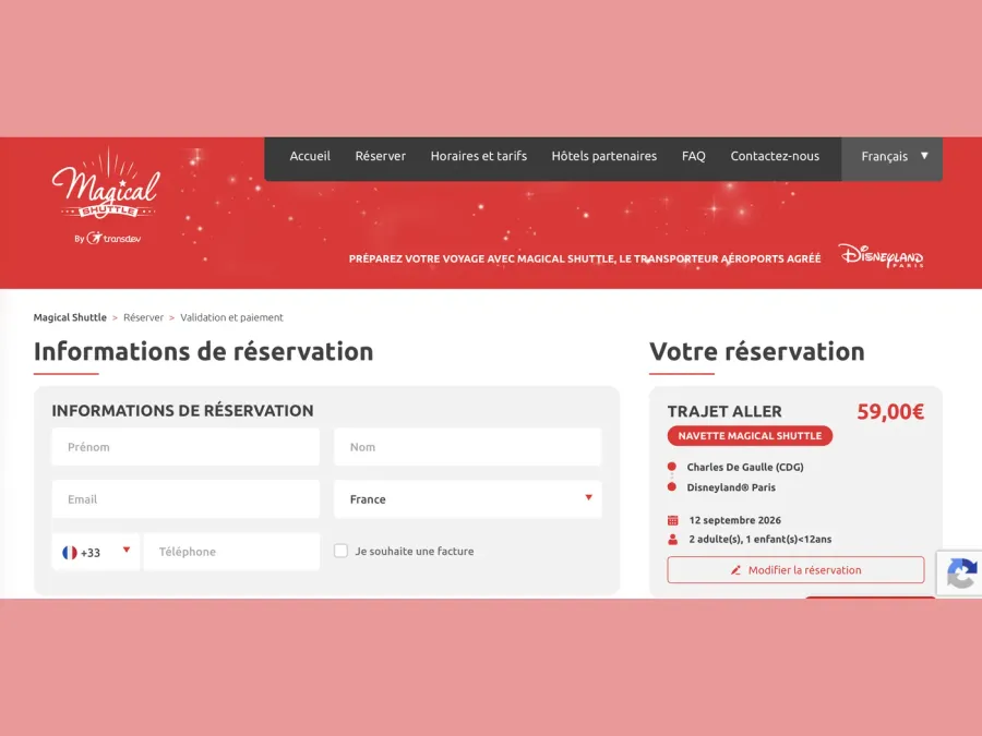 Écran de validation de la réservation Magical Shuttle avec le récapitulatif du trajet aller