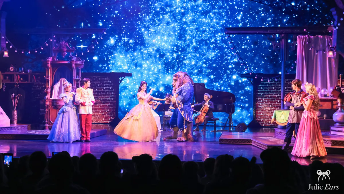 The Sparkling Royal Ball at Starlight Night 2025: Cinderella and Prince Charming, Belle dancing with the Beast, Rapunzel and Flynn, with musicians