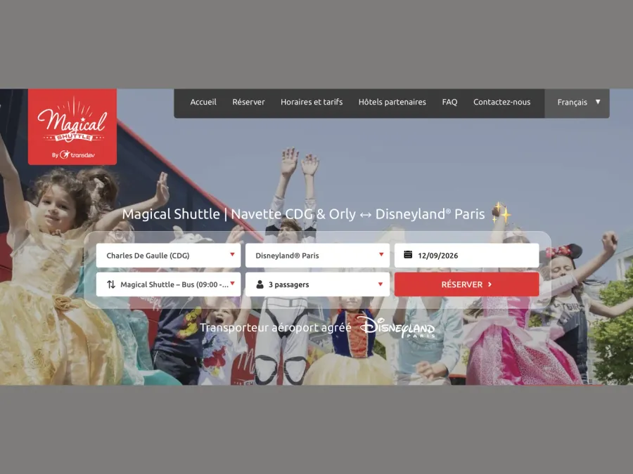 Formulaire de réservation du Magical Shuttle : aéroport, destination, date, horaire et nombre de passagers