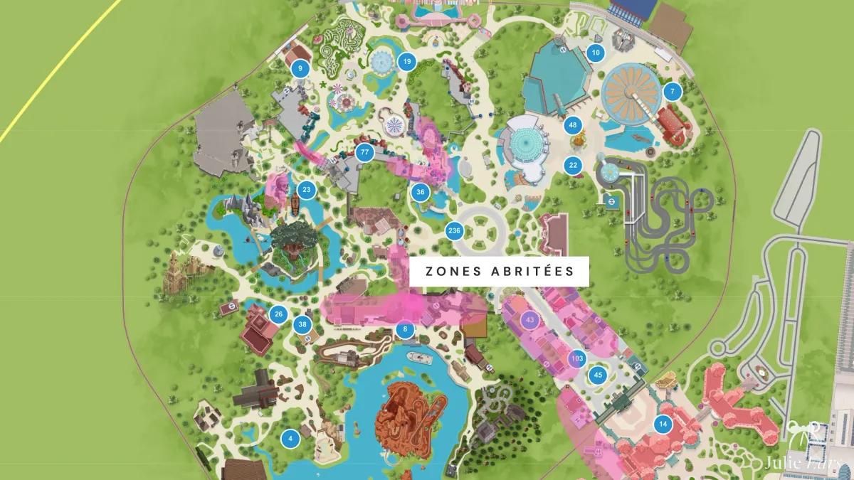 Plan du Parc Disneyland surlignant les zones abritées où rester à couvert en cas de pluie