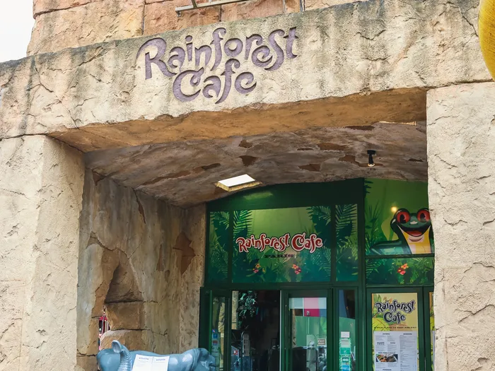 Entrée en fausse roche du Rainforest Café avec enseigne néon et tête d’éléphant, au Disney Village.