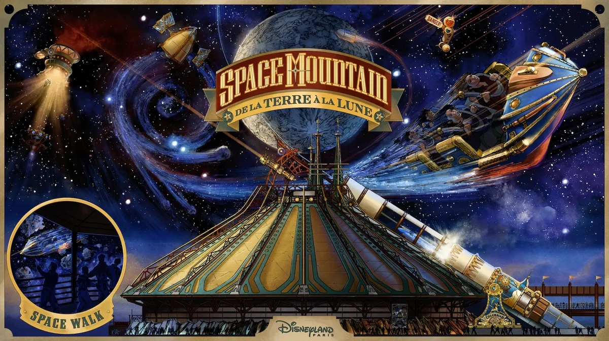 Concept poster for Space Mountain De la Terre à la Lune at Disneyland Paris