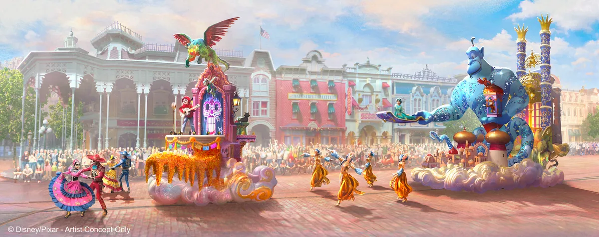 Concept art of the new 2028 daytime parade at Disneyland Park with the Coco and Aladdin floats