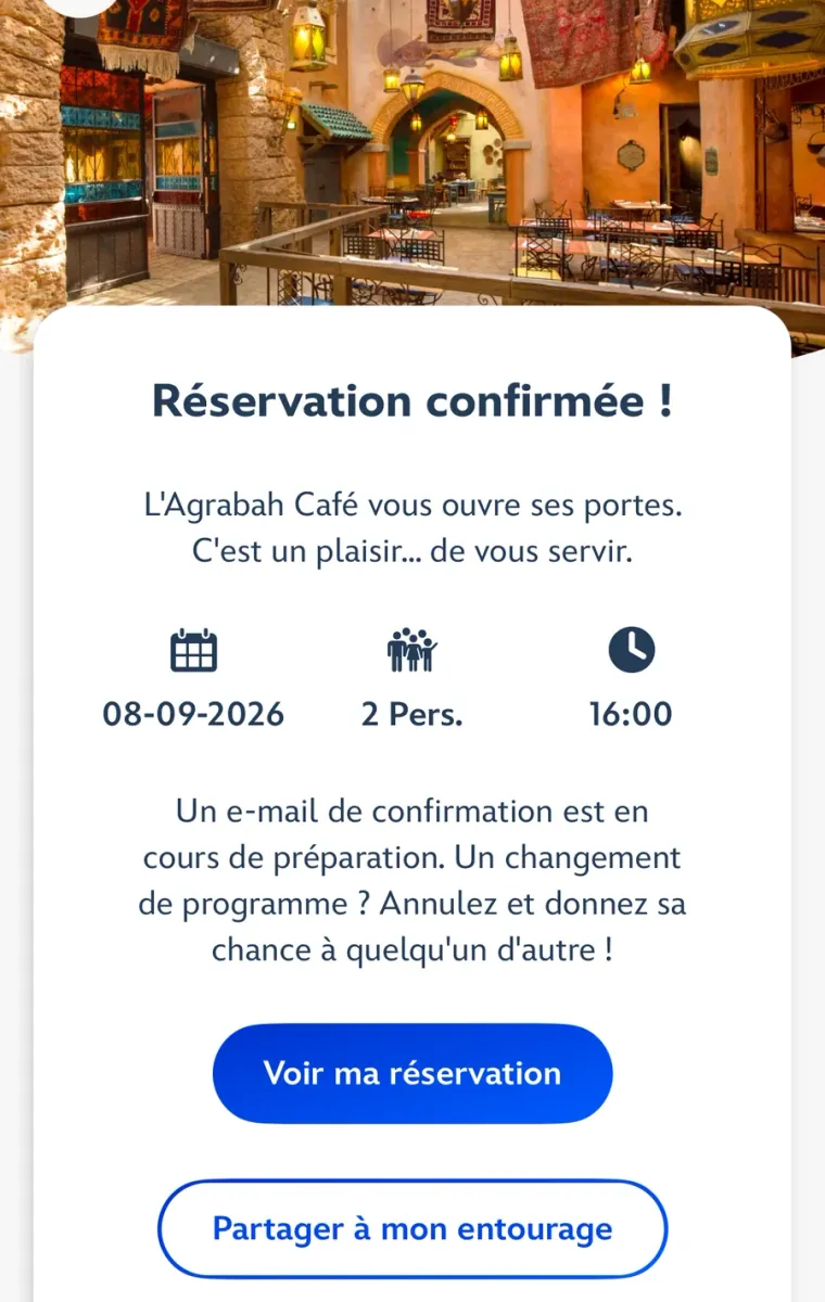 Écran de confirmation de la réservation de restaurant avec son récapitulatif
