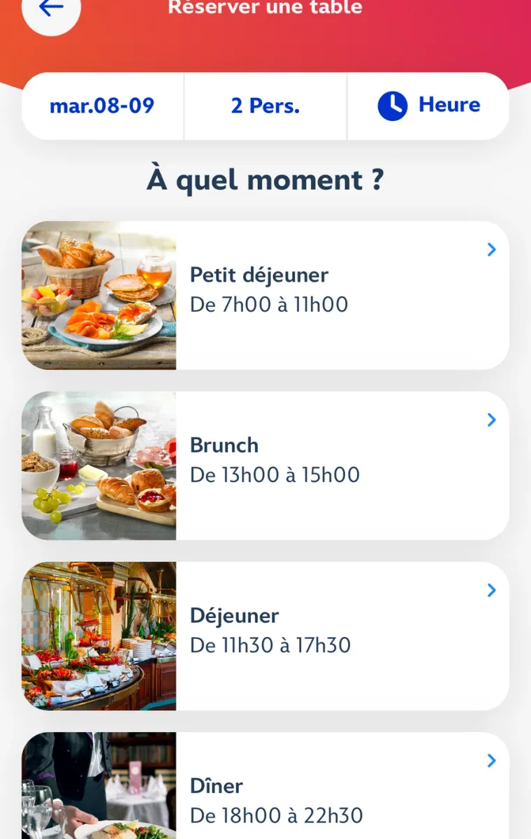Écran de choix du repas : petit-déjeuner, brunch, déjeuner ou dîner