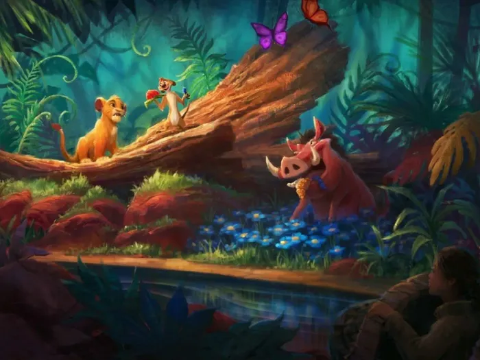 Illustration de Simba, Timon et Pumbaa sur un tronc, future attraction du land Pride Lands.