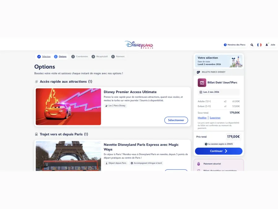 Écran des options d’achat, dont le Disney Premier Access Ultimate et la navette depuis Paris