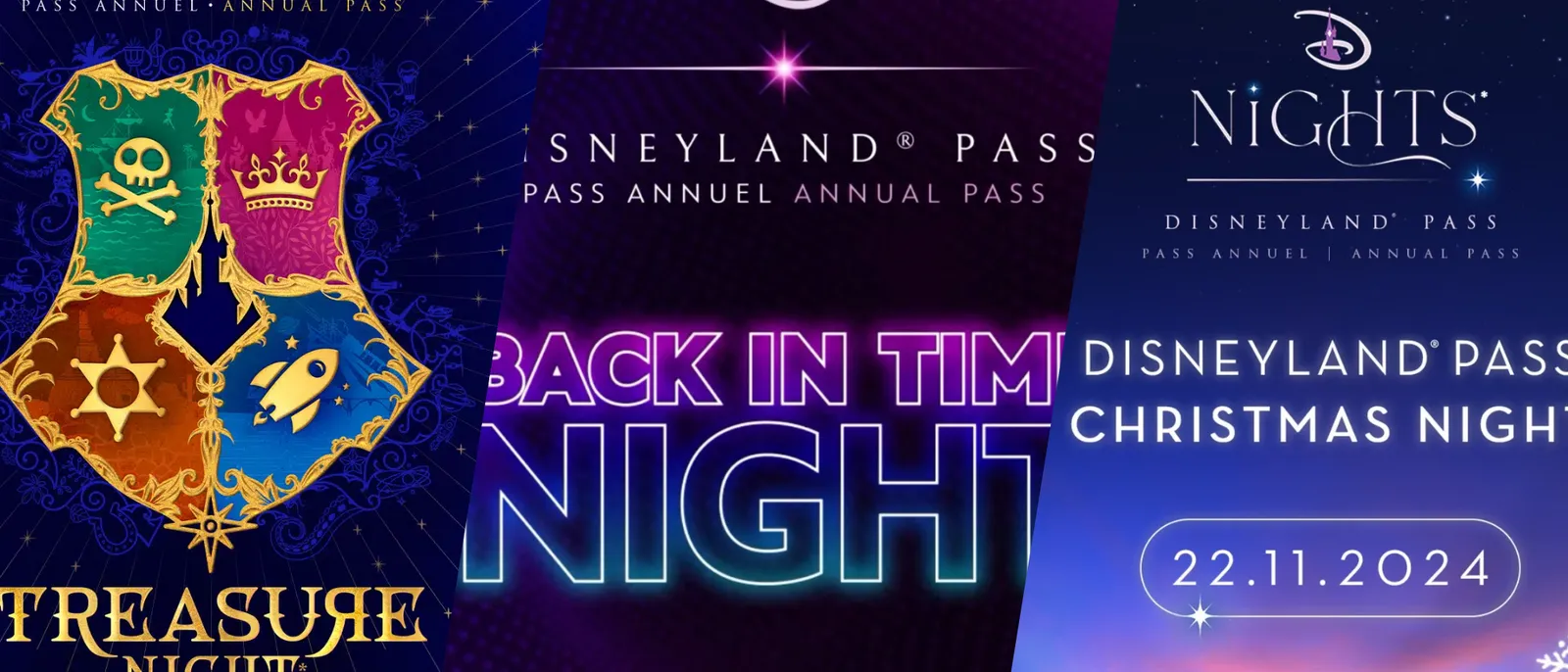 Montage des affiches des soirées Disneyland Pass 2024 : Treasure Night, Back in Time Night et Christmas Night
