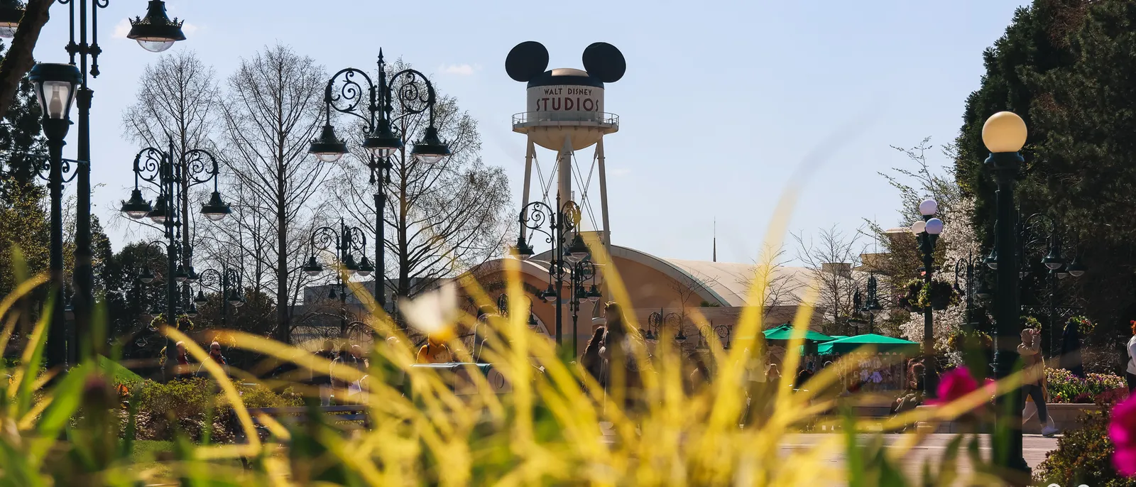 Château d’eau coiffé des oreilles de Mickey au Parc Disney Adventure World, ciel bleu et herbes hautes au premier plan.