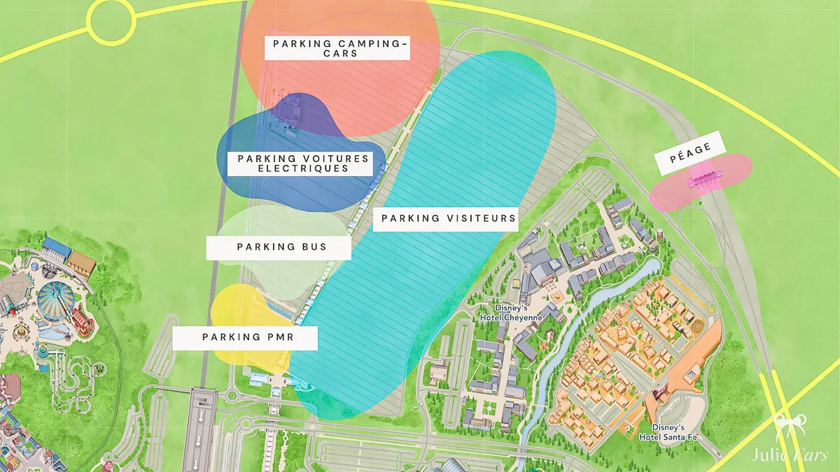 Plan du parking visiteurs de Disneyland Paris avec les différentes zones et allées du parking.
