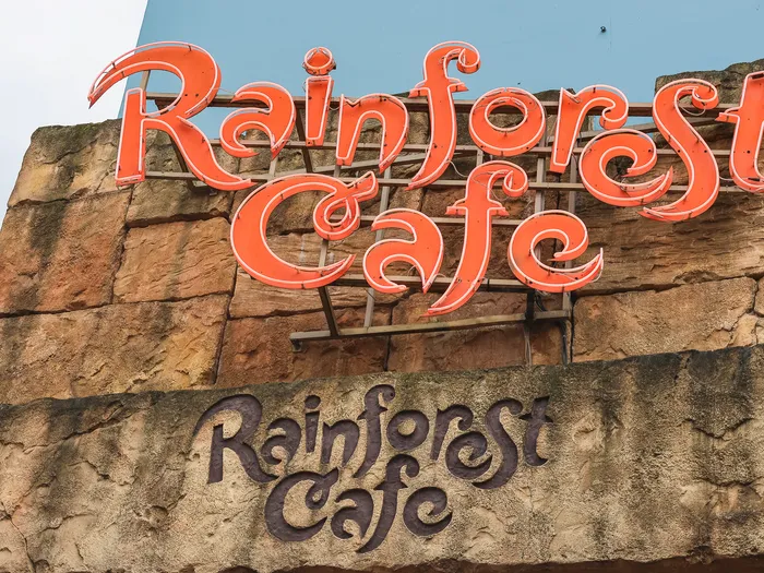 Gros plan sur l’enseigne néon orange Rainforest Café fixée sur la façade en pierre, au Disney Village.