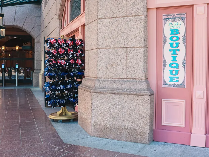 Entrance to the Plaza West Boutique and a display of polka-dot Minnie headbands, Disneyland Paris