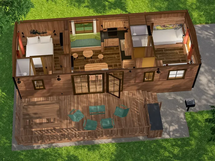 Illustration en coupe d’un mobile home du Davy Crockett Ranch, chambres, séjour et terrasse en bois.