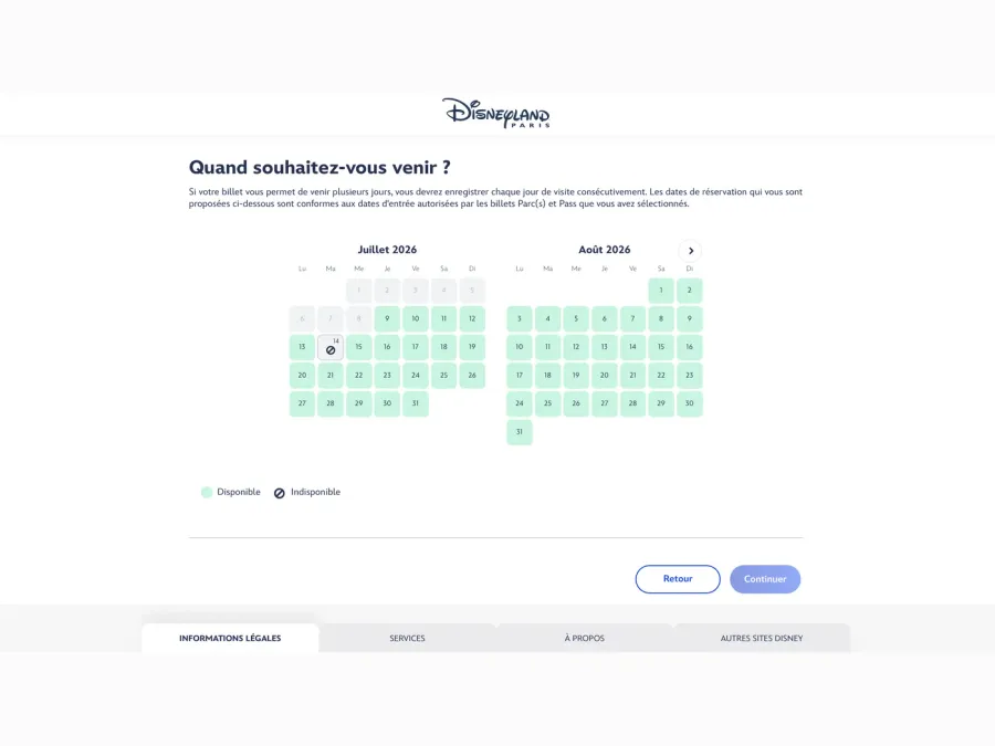 Calendrier de réservation des dates de visite : dates disponibles en vert, indisponibles barrées, passées en gris