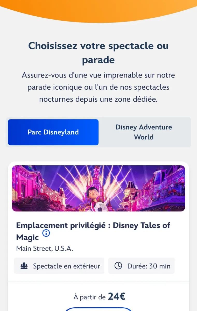 Écran de choix du parc puis de la parade ou du spectacle nocturne