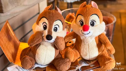 Chip ’n’ Dale shoulder plushes, the two chipmunks, on display in a shop at Disneyland Paris.