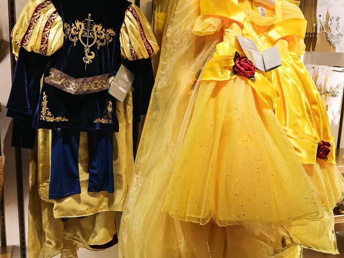 Tenue de prince en velours bleu et robe jaune de Belle suspendues à Disneyland Paris
