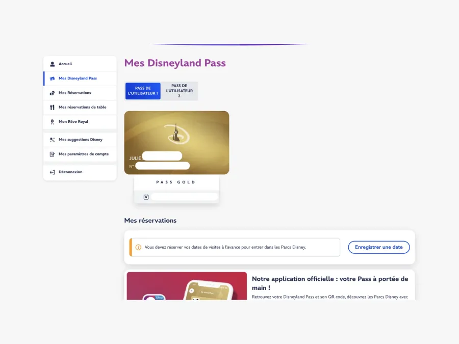 Page Mes Disneyland Pass montrant le bouton Enregistrer une date de visite