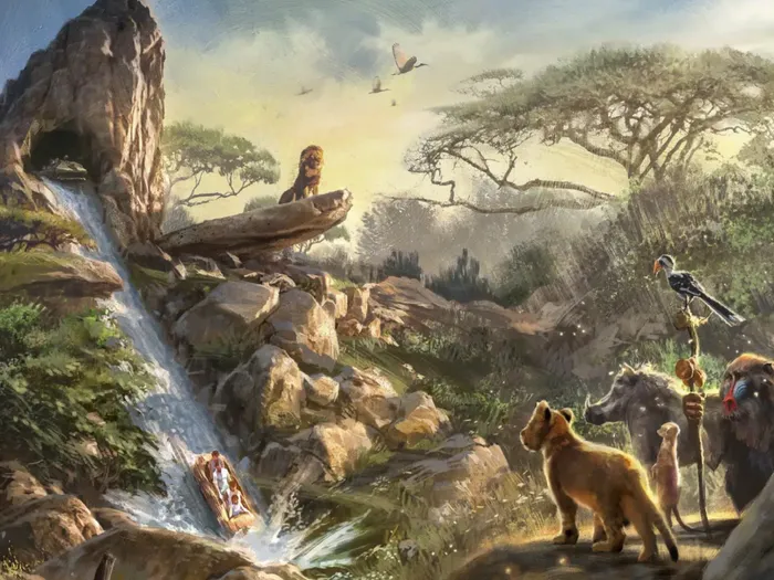 Illustration du land Le Roi Lion : cascade, bateau de visiteurs, lion sur un rocher, hyènes et babouin