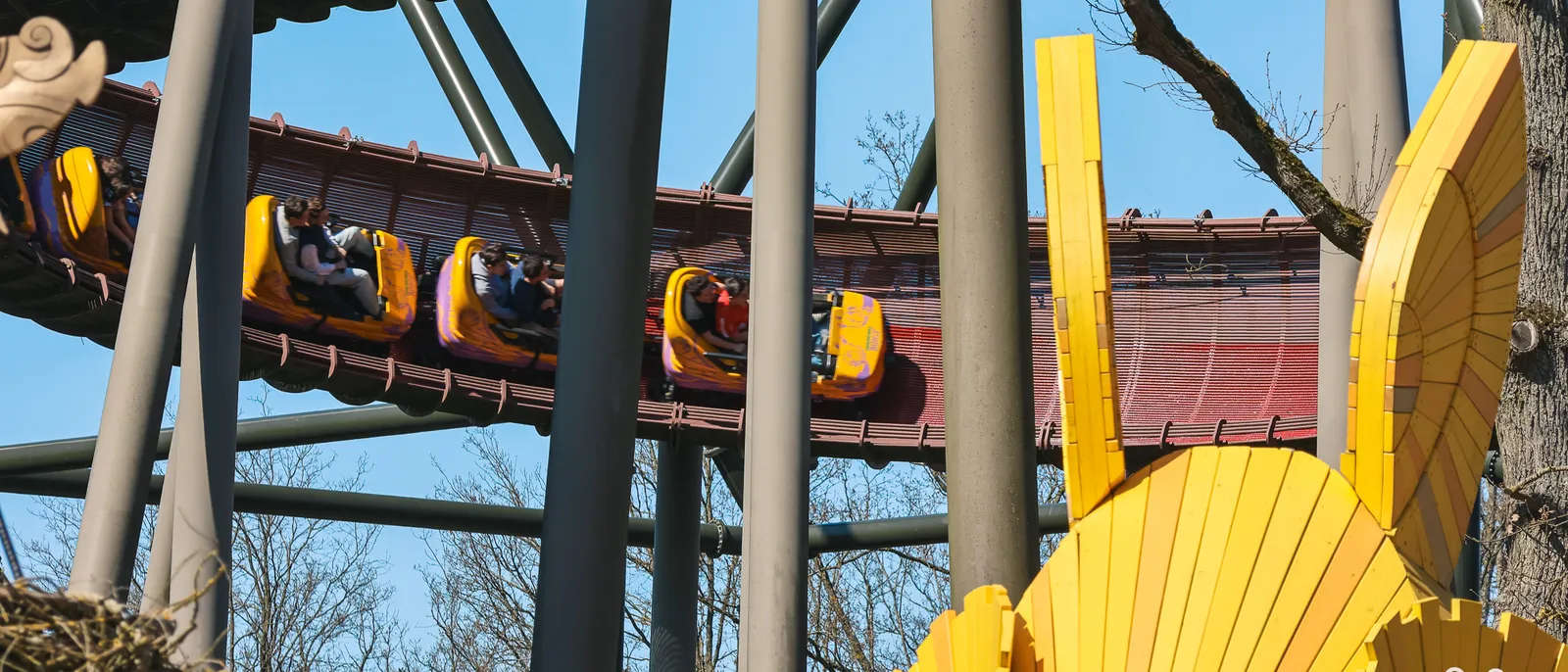 Train jaune de la Trace du Hourra lancé sur son rail sous un ciel bleu, grand décor jaune en éventail au premier plan