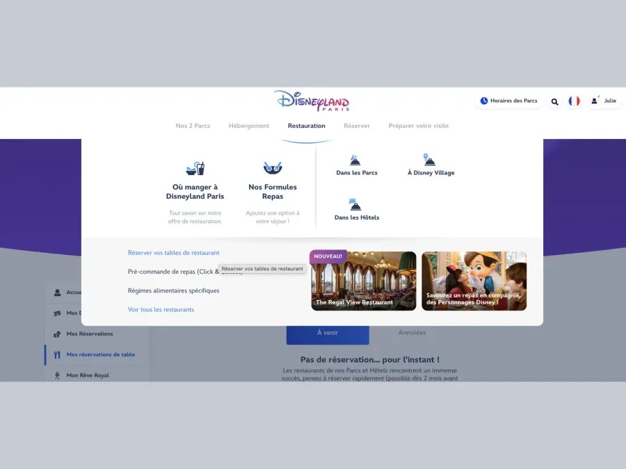 Menu Restauration du site officiel avec le lien Réserver vos tables de restaurant