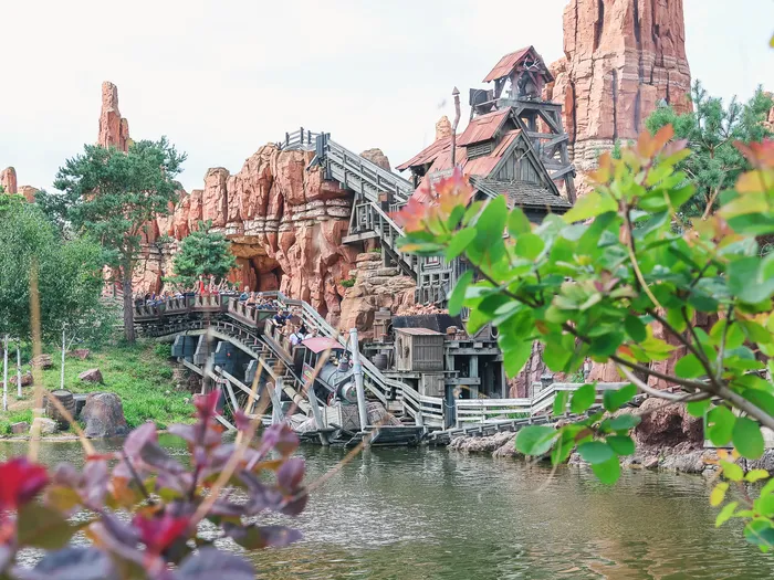 Wagons chargés de passagers sur le pont de Big Thunder Mountain, vus depuis la rive entre les feuillages