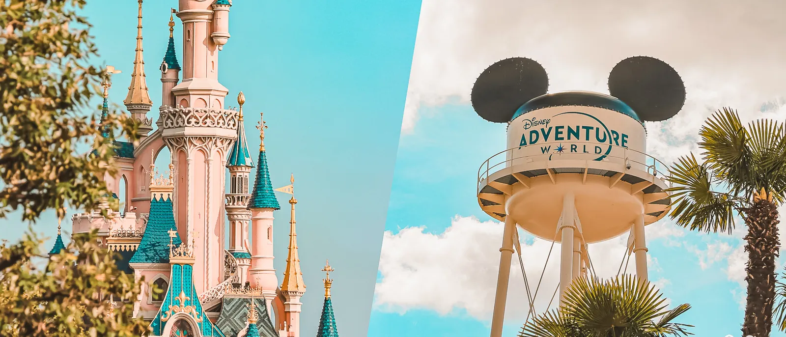 Montage du château de Disneyland et du château d’eau à oreilles de Mickey du Parc Disney Adventure World.