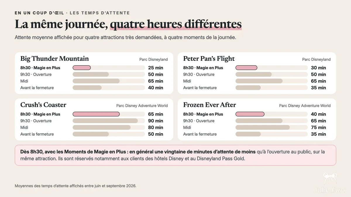 Chart of average queue times at 8:30 (Extra Magic Time) and 9:30: Big Thunder Mountain 25 and 50 min, Peter Pan’s Flight 30 and 50, Crush’s Coaster 65 and 90, Frozen Ever After 40 and 65