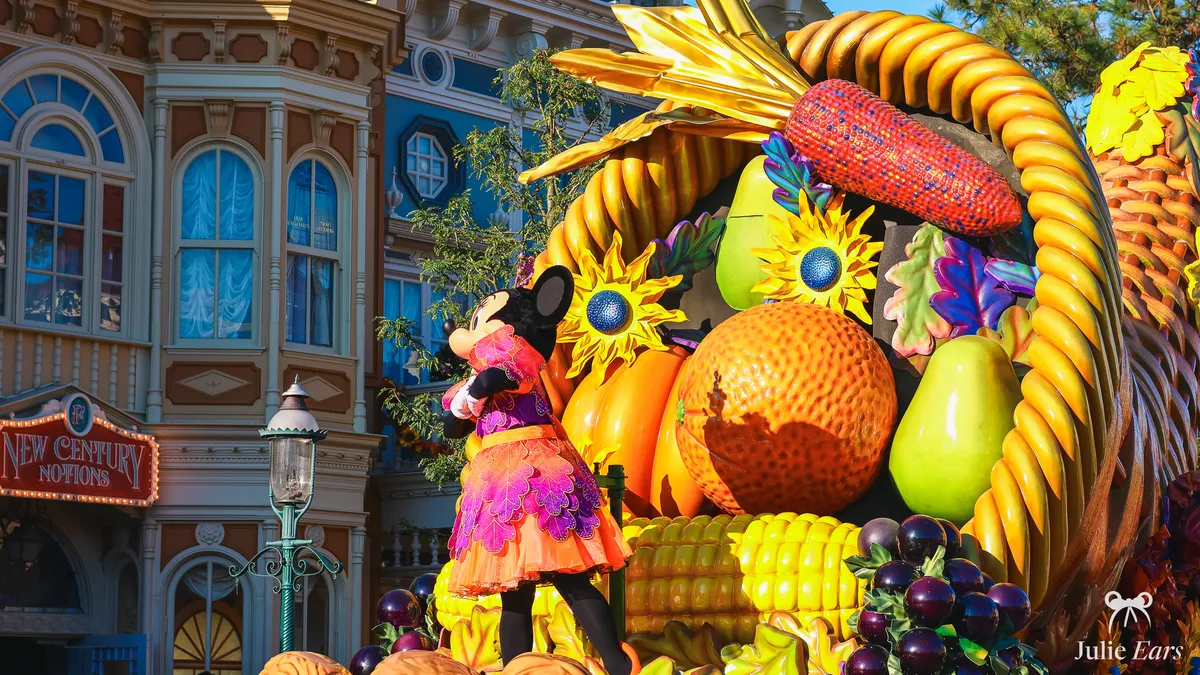 Minnie in a dress of autumn leaves on the horn of plenty float of the Halloween parade, on Main Street U.S.A. at Disneyland Paris