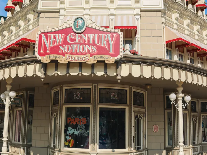 Corner facade of the New Century Notions shop on Main Street U.S.A. at Disneyland Paris