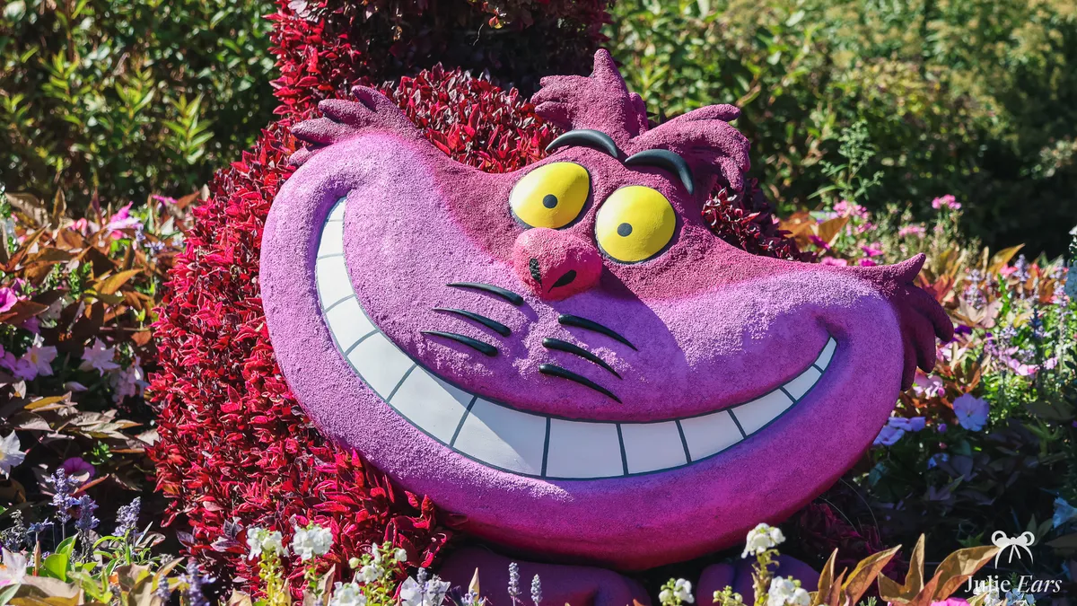 Alice in Wonderland Cheshire Cat topiary, pink face, yellow eyes and a wide white grin, among the flower beds of Central Plaza in Disneyland Park