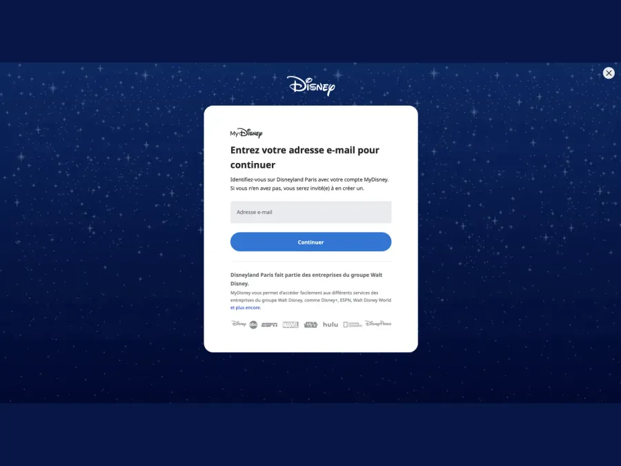 Écran de connexion MyDisney où saisir son adresse e-mail pour accéder à son compte Disneyland Pass