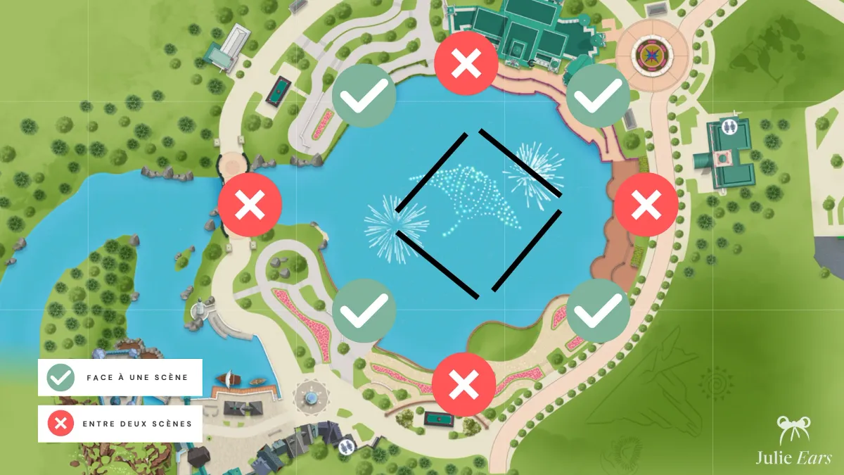 Plan du lac indiquant les zones face à une scène, à privilégier, et les zones situées entre deux scènes, à éviter, pour Disney Cascade of Lights
