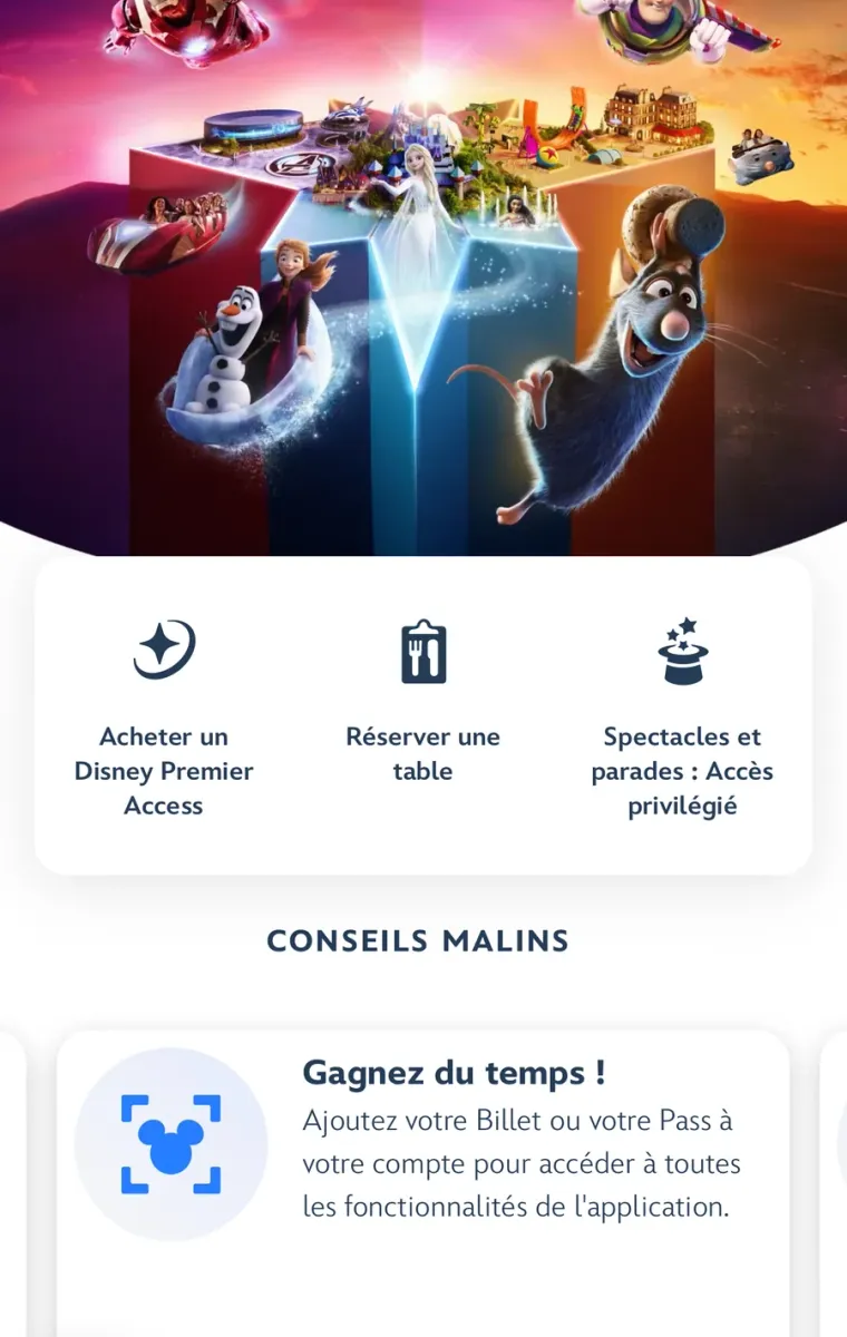 Écran d’accueil de l’application Disneyland Paris avec le raccourci Spectacles et parades : Accès privilégié